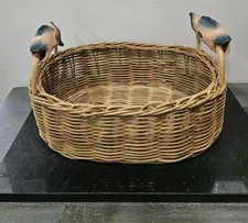 Vintage Woven Wicker Basket / Creel With Pottery Red Clay Fish Handled Designs