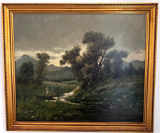 Antique large oil painting solitary figure in a moody landscape framed 86/74cm