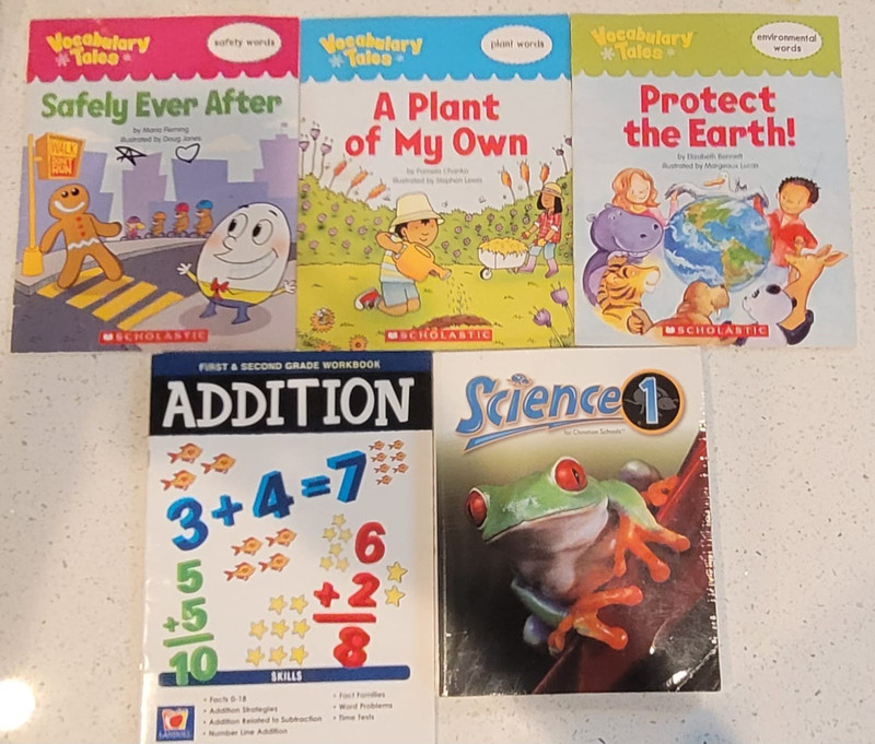 1ST GRADE LOT OF 5 SCIENCE VOCABULARY AND MATH CURRICULUM HOMESCHOOL BOOKS