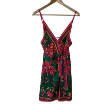 SHEIN Wrap Dress Womens Medium Green Pink Tropical Scarf Print Mini Excellent