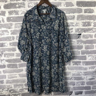 Catherines Dress Womens 1X 18/20W Blue Floral Button Front Long Sleeve Pocket