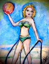 Original ACEO Primitive Painting Woman in Bikini Bathing Suit At  Pool 2.5x3.5”