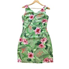 Caribbean Joe Floral Tropical Sheath Dress Green Pink Hibiscus Sleeveless Size S