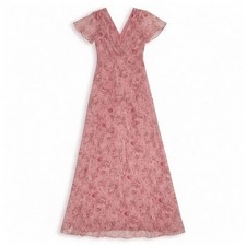 Lulus Pink Floral Metallic Lurex Maxi Dress Womens Small V-Neck Flutter Sleeve