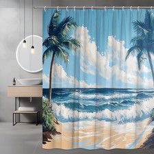 Tropical Beach Shower Curtain, Ocean Wave Palm Tree Design, Coastal Bathroom