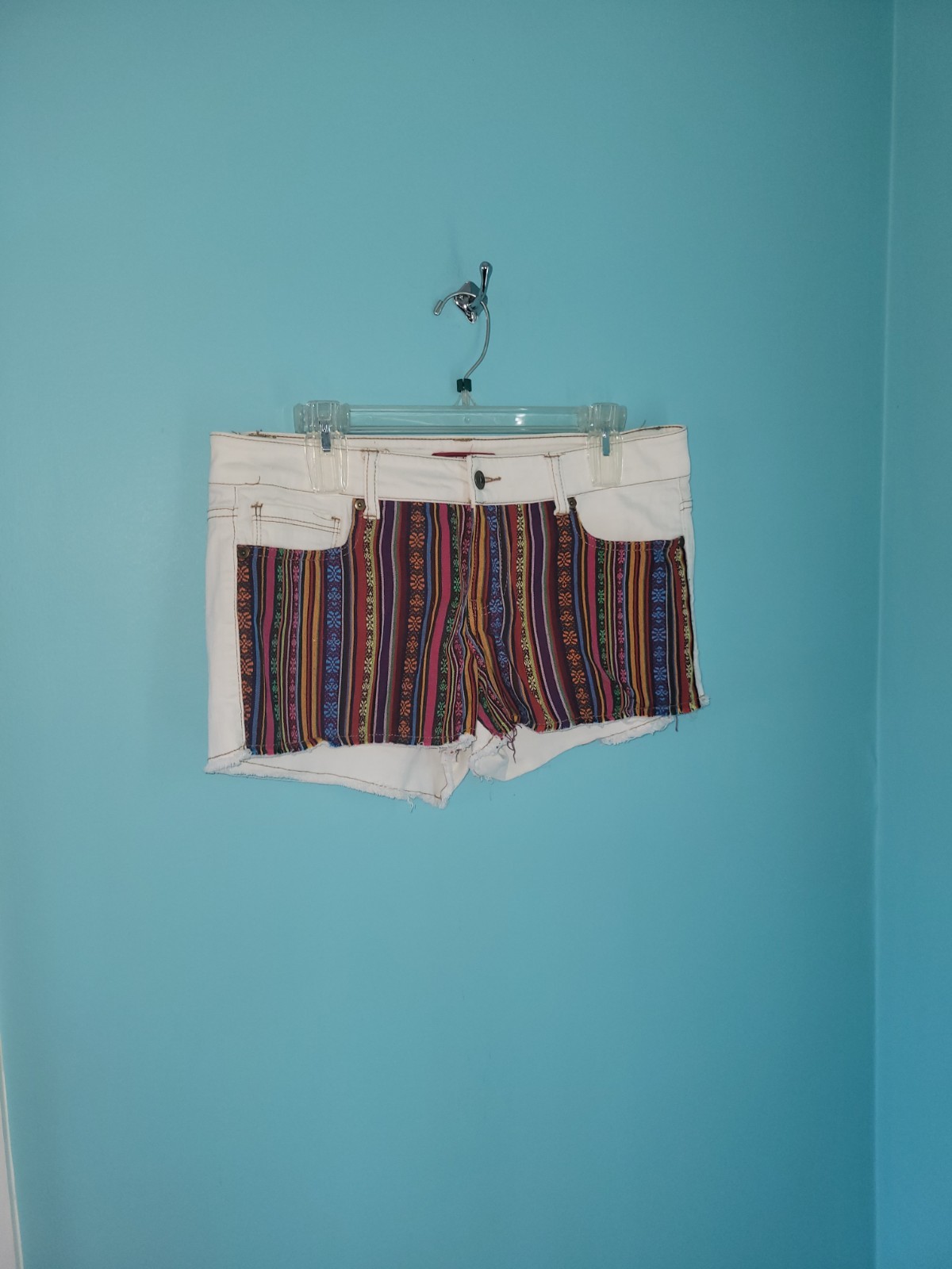 Boho Patchwork Multi-color White Jean Shorts Sz. … - image 1