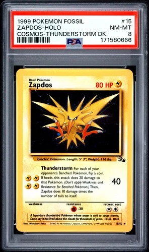 1999 POKEMON FOSSIL COSMOS-THUNDERSTORM DECK #15 ZAPDOS-HOLO PSA 8