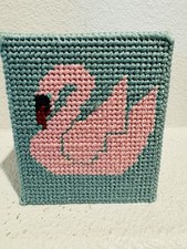 Tissue Box Cover Crosstitch Handmade Embroidery Flamingo Teal And Pink Read