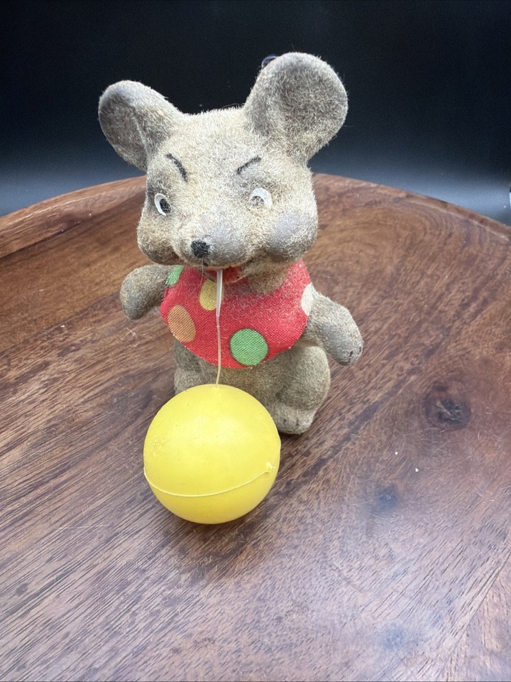 Adorable Vintage 6" Dancing Wind Up Automaton Teddy Bear W/ Yellow Ball  Spins