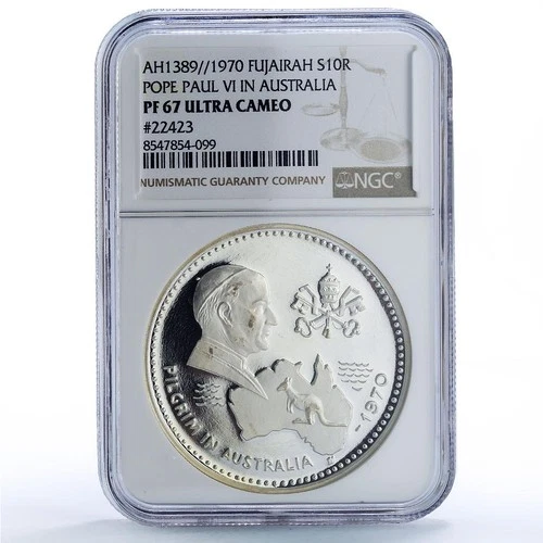 Fujairah 10 riyals Papal Visit Australia Pope Paul PF 67 NGC silver coin 1970