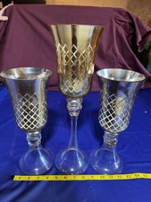 Set of 3 glass hurricane candle holders with metallic gold finish