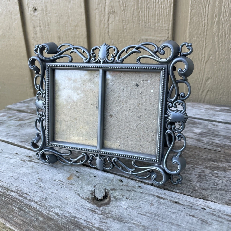 Double Photo Frame, Metal, Pewter Color, Ornate Scroll, 2 1/4” X 3 1/4” Ea. Side - Image 2 of 4