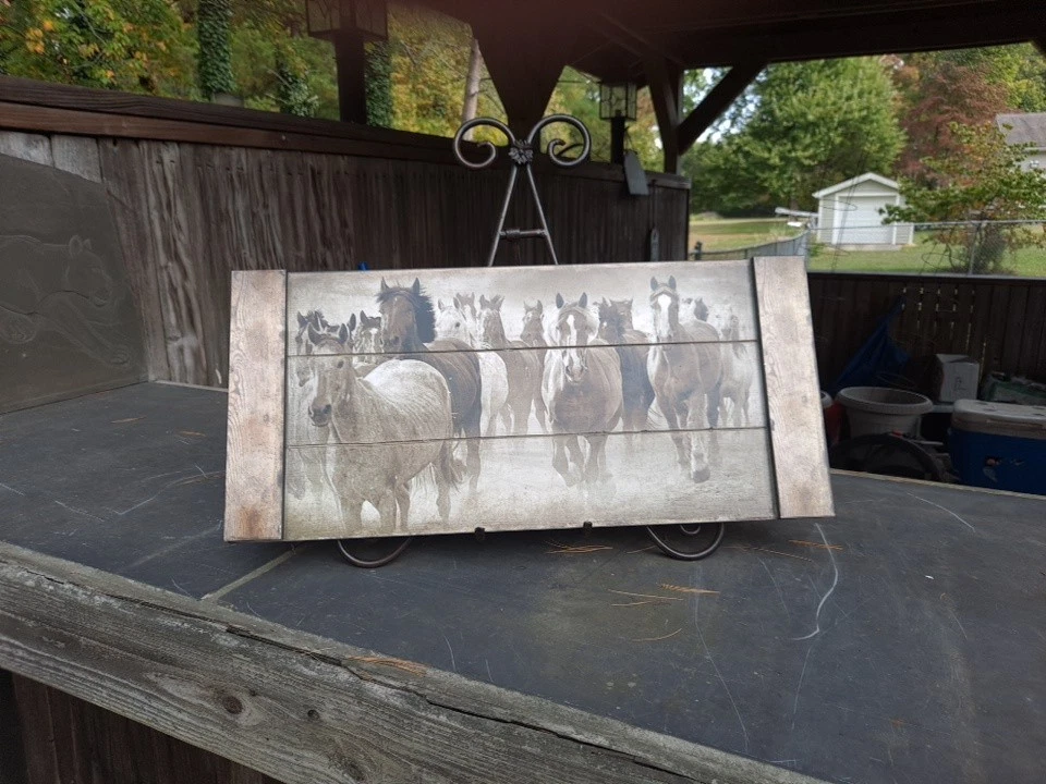 Rustic Primitive Stampede Of Wild Horses Wood Plaque Picture 24x9.5in - Image 2 of 4