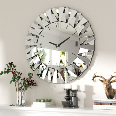 80cm Große Sunburst Gespiegelt Wanduhr Modernes Rund Lautlos Wandspiegel Wanduhr