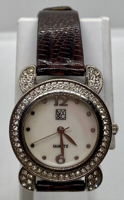 NY&C Ladies Watch New Battery Brown Genuine Lizard Strap Iced Dial NICE!