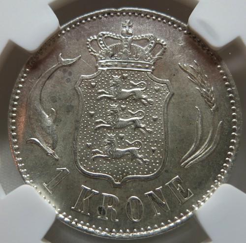 DENMARK 1 Krone 1892 NGC UNC Details King Christian IX Silver Dolphin - Picture 2 of 3