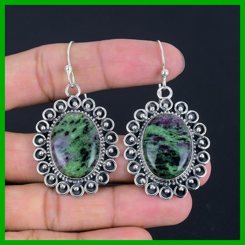 Memorial Day Sale Ruby Zoisite Gemstone Drop Handcrafted New Earrings 925 Silver - Picture 2 of 6