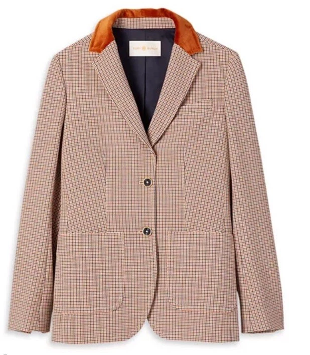 Blazer Tory Burch donna 10 plaid doppio sfiato giacca bordo velluto equitazione nuovo