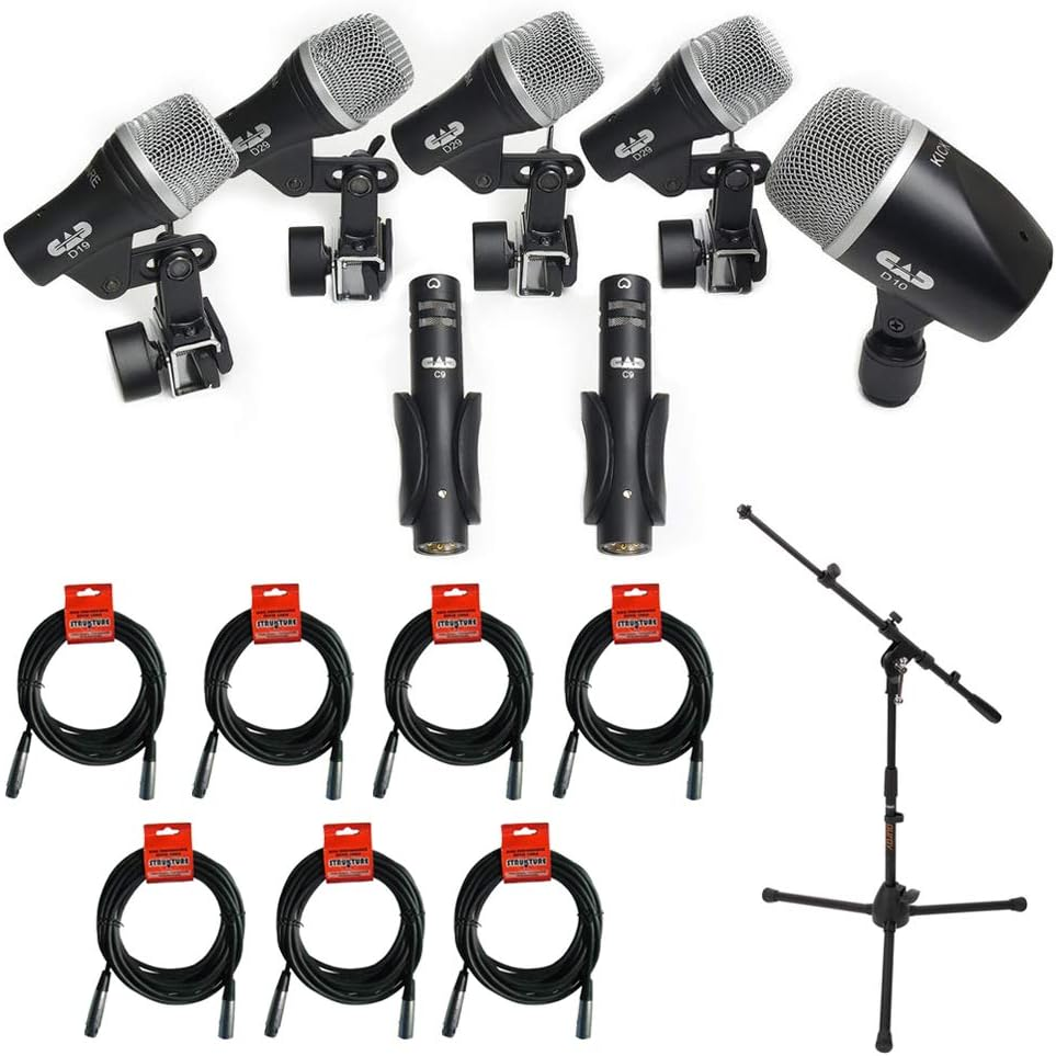 Stage 7 Drum Microphone Pack with Short Tripod Microphone Stand & 7 X XLR Cable