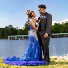 Luxury Blue Memaid Party Dresses Satin Crystal Beaded Feather Prom Evening Gowns