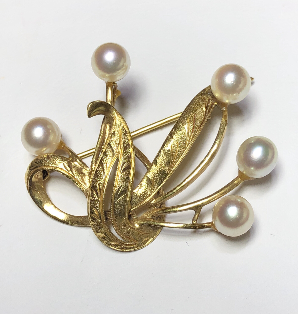 14K Gold 6mm Natural Pearl Estate Floral Spray Vi… - image 9