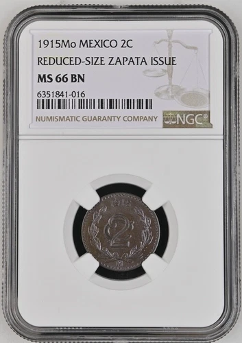 1915Mo Mexico 2 Centavos Reduced Size Zapata Issue NGC MS66BN
