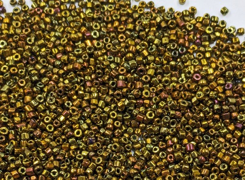 Vintage Antique Czech Glass Seed Beads Bright Metallic Gold Iris AB 9/0 C18-3