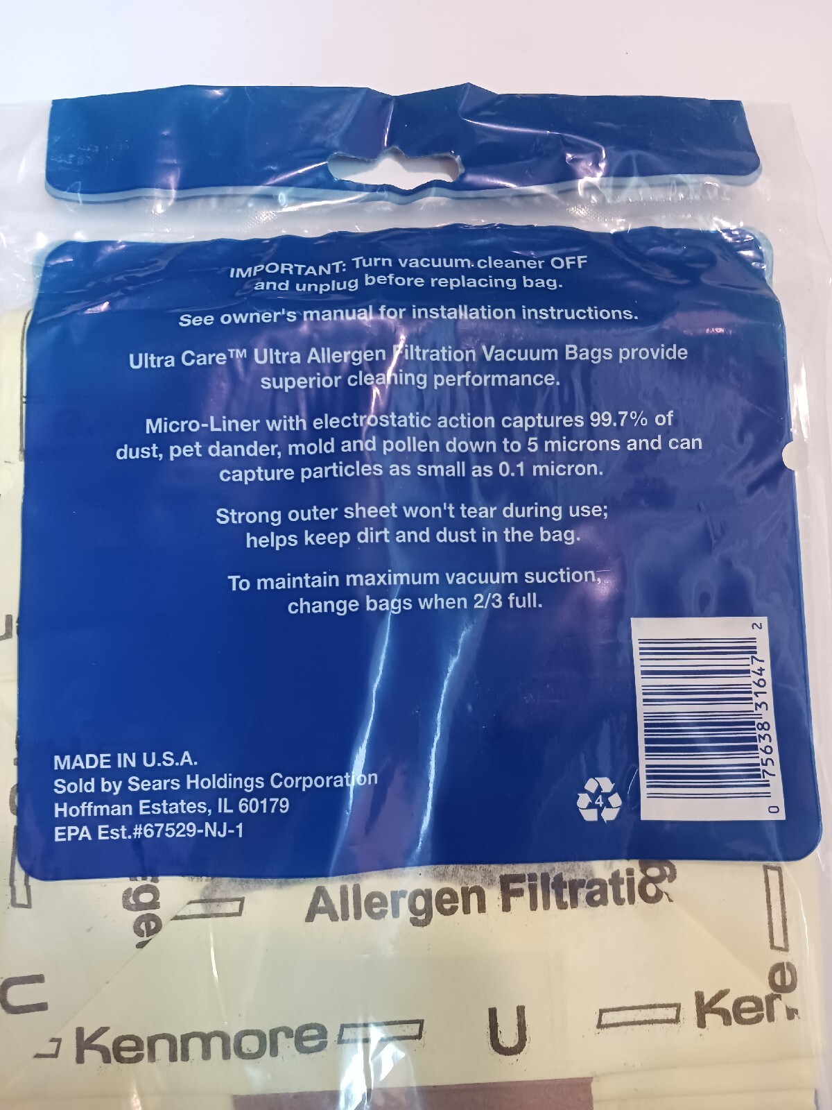 Ultra Care Vacuum Bags Kenmore U Uprights 3 Pk Ultra Allergen