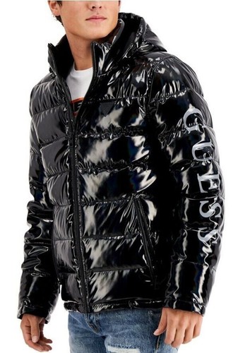 $254 Guess Men's Black Puffer Holographic Coat Jacket Size Large - Picture 2 of 3