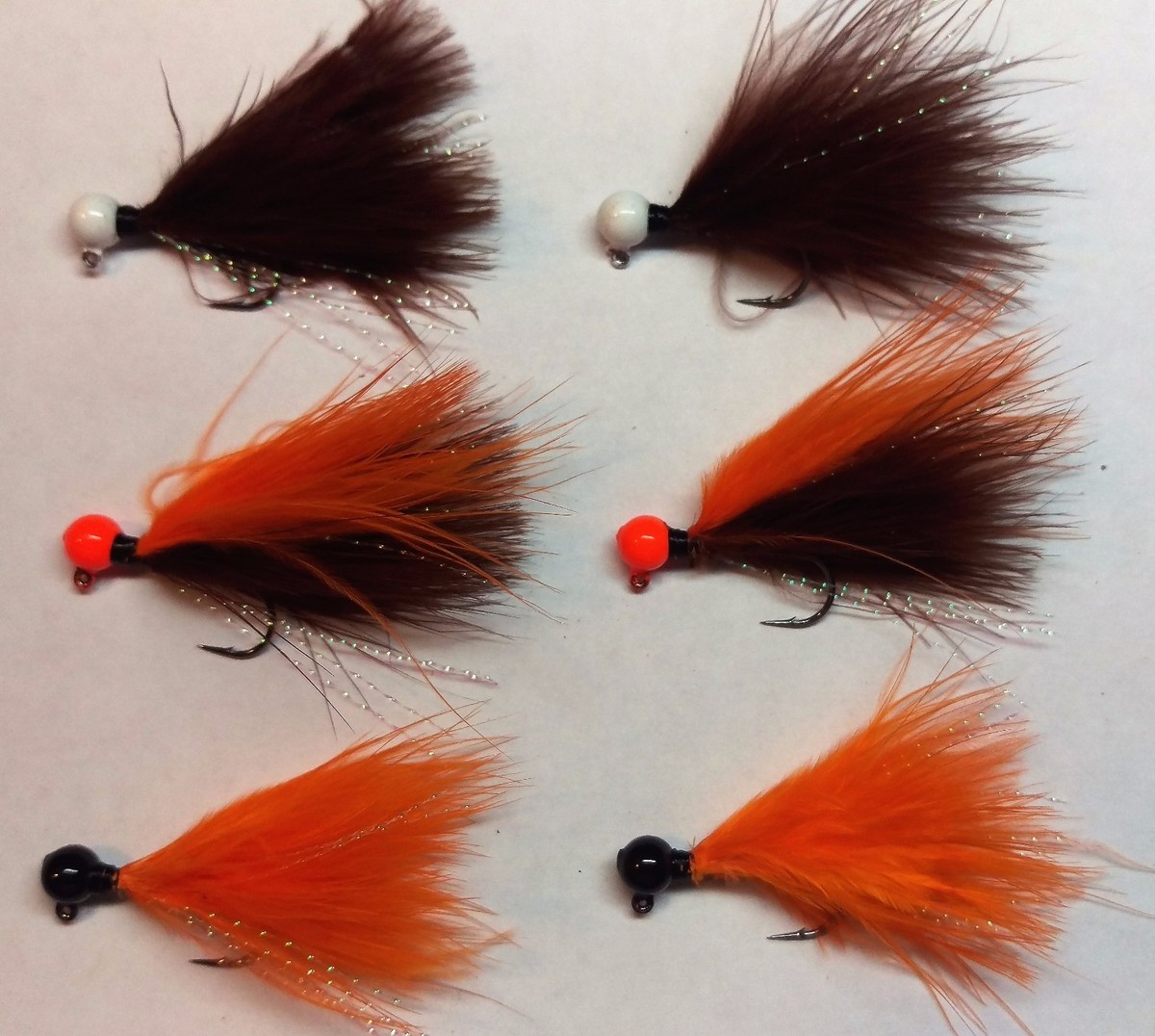 6pk Brown/Orange/White Hand Tied Marabou Jigs-Steelhead,Trout 1/8