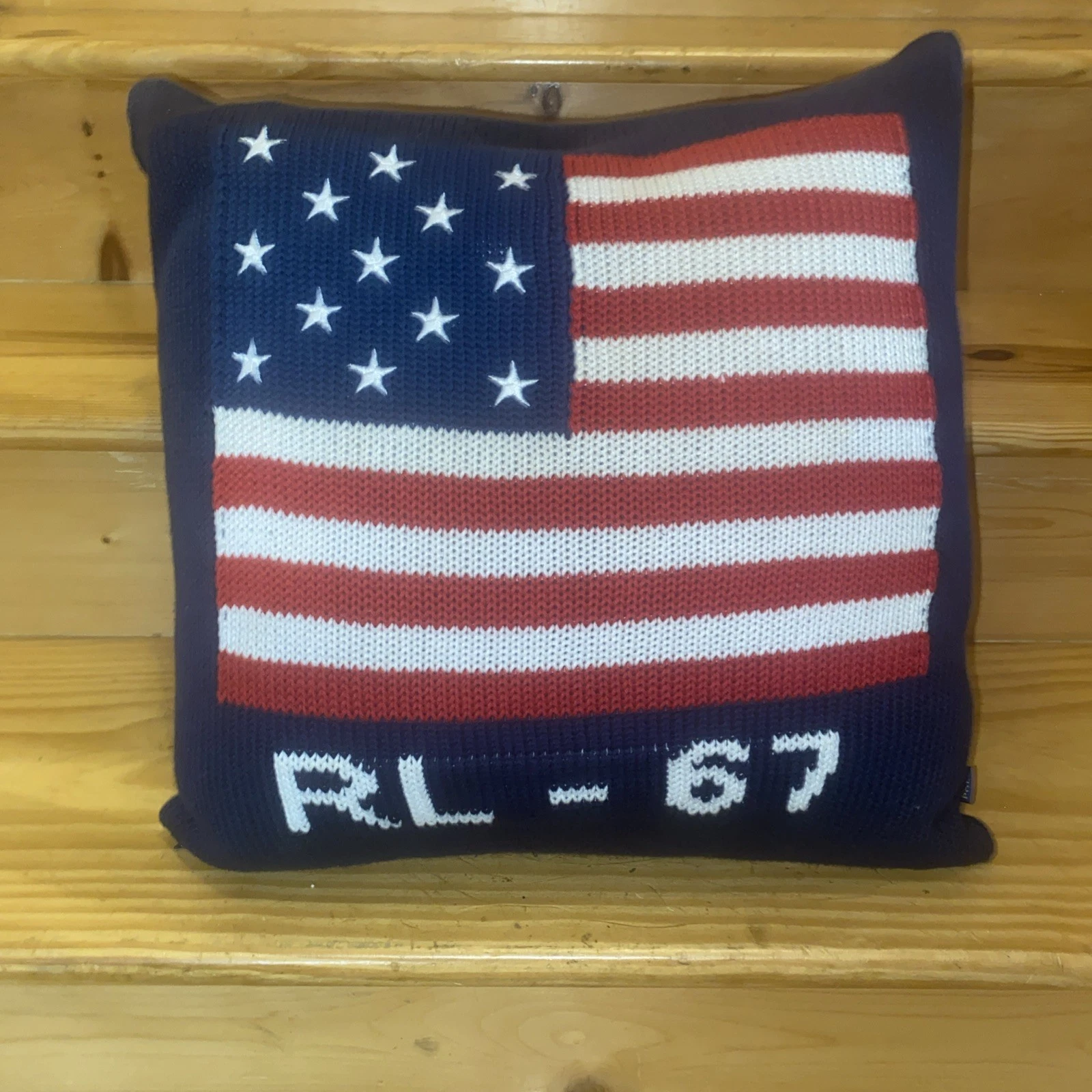 Ralph Lauren Knit American Flag Pillow Navy 18x18 Waterfowl FeatherPillow Insert