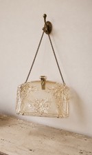 VTG 1950s Clear Carved Lucite Clutch Purse Handbag Rhinestone Accents MCM Chain