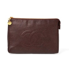 Chanel Cosmetic Pouch Coco Mark CaviarSkin Bordeaux Women's Auth
