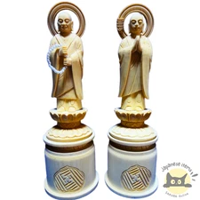 Japanese Buddhist Statue Set Honen & Shandao Jodo Shu Pure Land Wood Carving 23.
