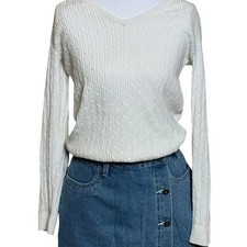 Talbots Petites White Cable Knit V-Neck Sweater 100 Cotton Long Sleeve Size P