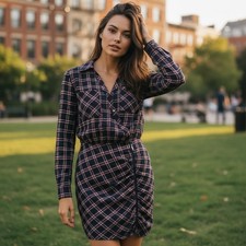 Veronica Beard Navy Red Plaid Ruched Mini Dress Long Sleeve Size 8