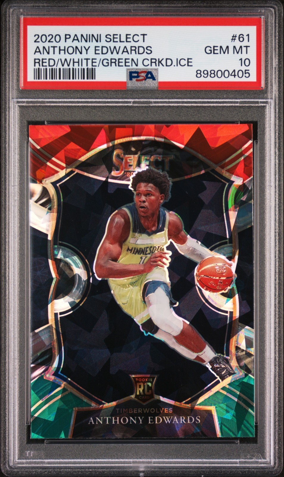 2020-21 Panini Select Red White Green Cracked Ice #61 Anthony Edwards(RC) PSA 10 view 1
