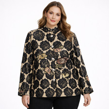 Vintage Floral Brocade Jacket Large Black Tan Button Up Embellished Cottage Coat
