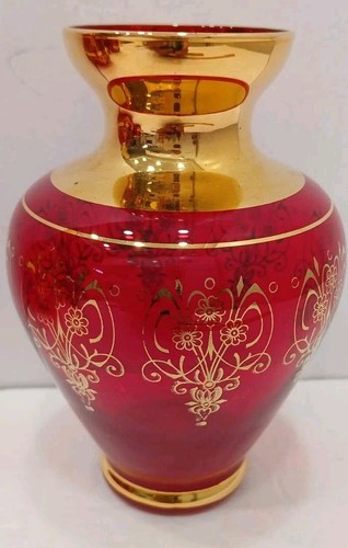 Vjntage Murano Ruby Red Glass Vase - 24K Gold Gilt Overlay