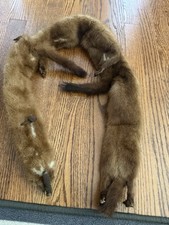 Vintage Real Fur 3 Pelt Stole Scarf Wrap Heads Tails Feet Brown Estate