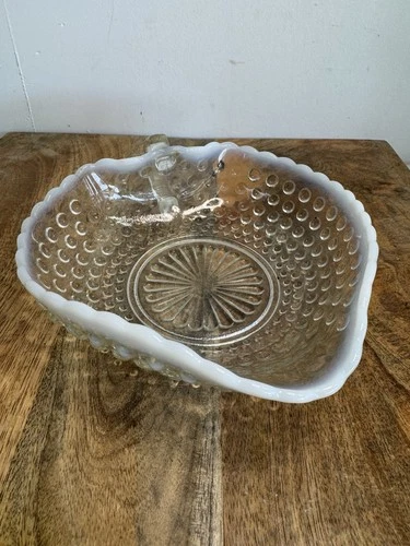 Anchor Hocking Moonstone Clear & Opalescent Hobnail Candy/Nappy Dish Vintage