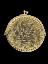 Antique Beaded Coin Purse Maple Leaf Gold Tone Steel Cut Beads 3  