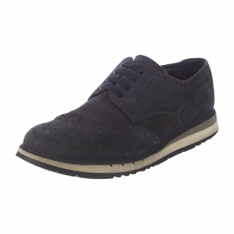 PRADA Men's US 9 Black Suede Wingtip Brogue Oxford Dress Shoes Lace-Up
