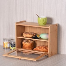 Bamboo Bread Box 2 Tiers Kitchen Wooden Countertop Baking Loaf Bread Storage Bin