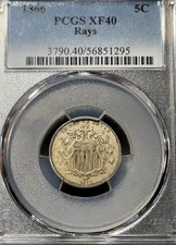 1866 Rays Shield Nickel PCGS XF40 New Slab Easily Best Price Ebay* CHRC