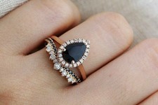 2 Ct Pear Cut Simulated Black Diamond Bridal Set Band Ring 14k Rose Gold Plated