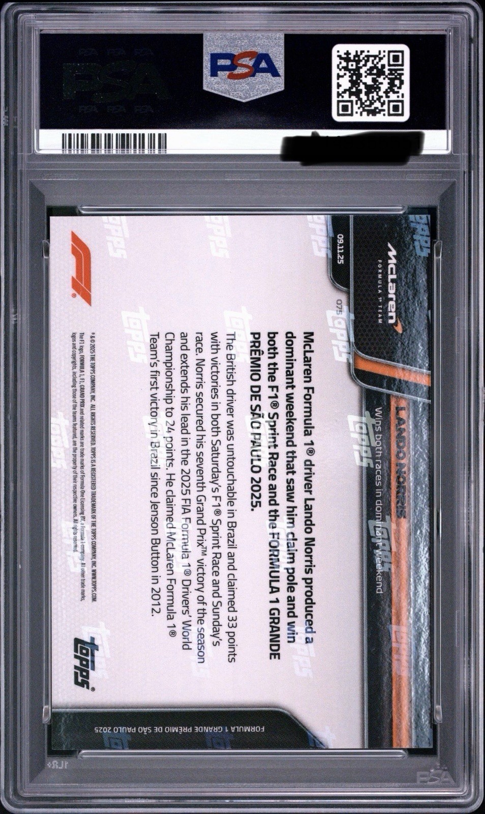 2025 Topps Now Formula 1 LANDO NORRIS #75 PSA-10 McLaren view 2