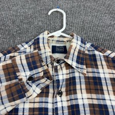 Vintage Sears Button Up Shirt Mens M Brown Blue Plaid Flannel Workwear Style