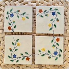 Hand Painted Floral Vines terracotta tiles Set of 4 Decorative Backsplash vtg