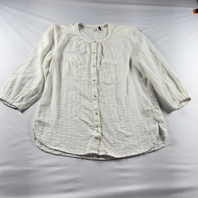 Akemi + Kin Anthropologie White Cotton Dobby Button Down Blouse 3/4 Sleeve Small
